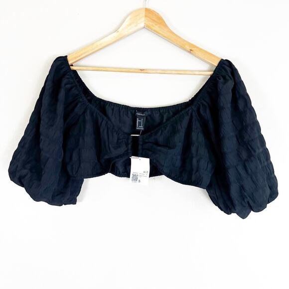 NWT Forever 21 Crop Top Womens S Black Textured Puff Sleeve Milkmaid Cottagecore - Picture 1 of 4
